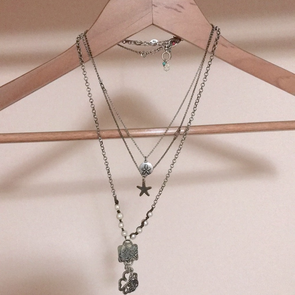 Luck Brand 3-in-1 Silver Antiqued Four Leaf Clover and Shell Pearl Necklace